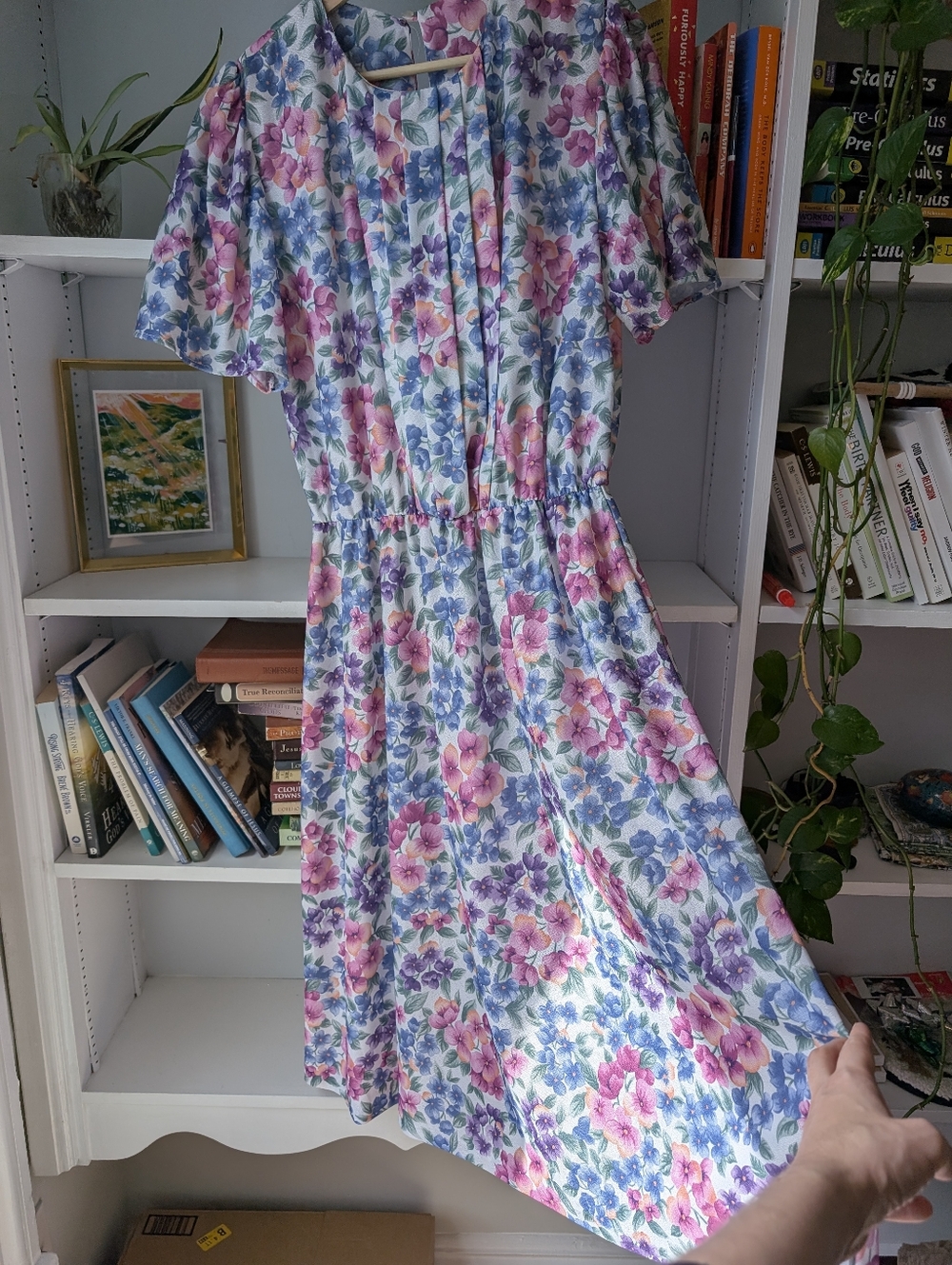 Vintage Floral Midi Dress in Pink, Purple & Blue Size Medium Cottagecore 80's - Picture 2 of 9